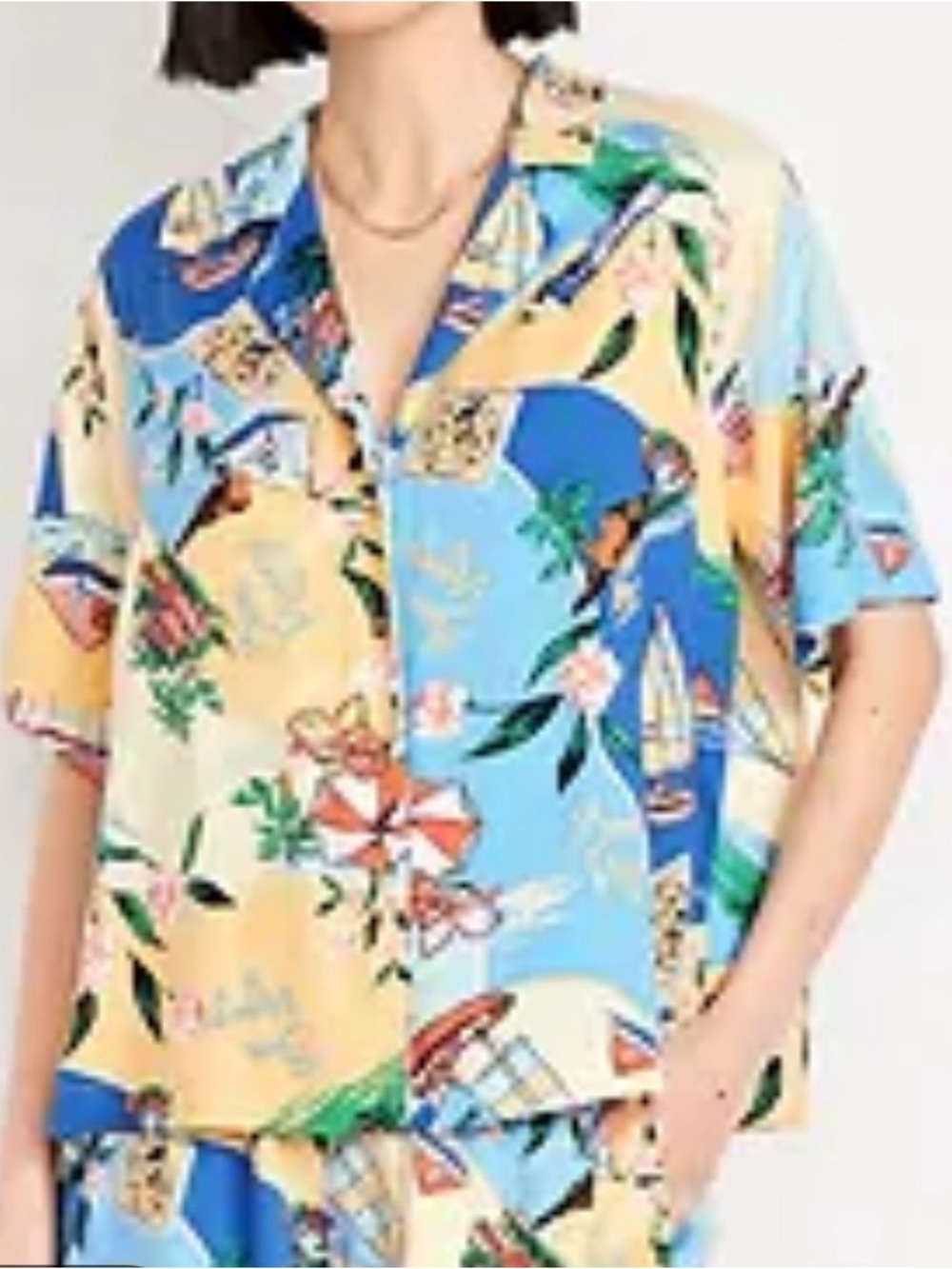 Blue & Yellow Tropical Print Short-Sleeve Women’s Shirt